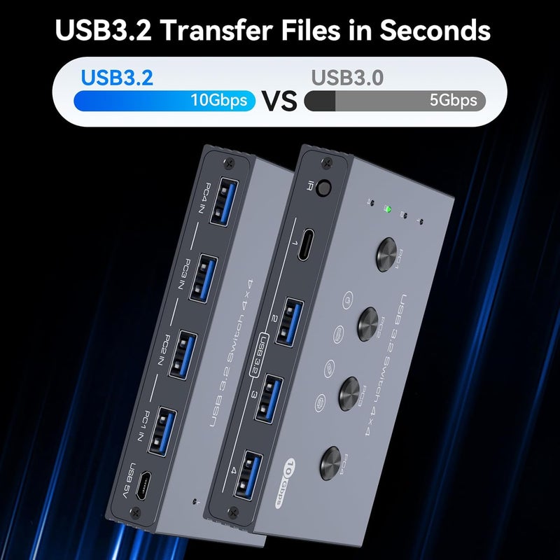 PVBCTCSID 10Gbps USB 3.2 Switch 4 Computers Share 4 Peripherals 4 Port USB Switcher for Mouse Keyboard Printer with Remote and Cables - Image 4